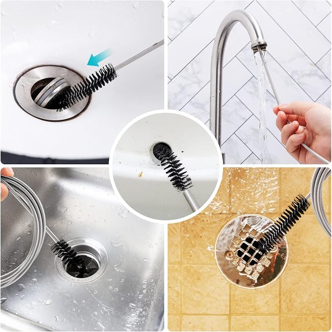 RayTour Extra-Thick Drain Brush with Stronger Spring - 67-Inch Flexible Pipe Cleaning Tool - Dual Bristle Heads - Ideal for Curved Pipes and Slim Holes – Black