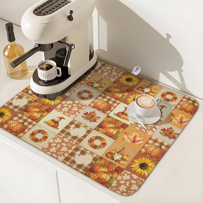 Fall Thanksgiving Dish Drying Mat for Kitchen Counter Autumn Harvest Orange Dish Drainer Mat Rustic Absorbent Washable Drying Pad 16"x18"