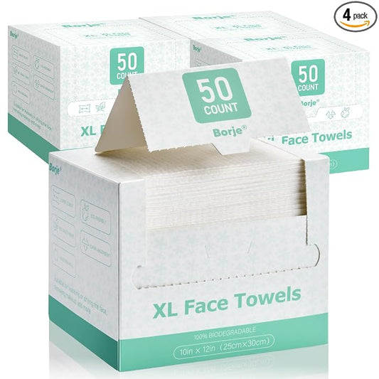 Borje Face Towels XL, Thick Disposable Face Towel 10" x 12", 200 Count (4 Packs of 50), 100% USDA Biobased Soft Facial Towelettes, Makeup Remover Dry Wipes for Women Cleansing
