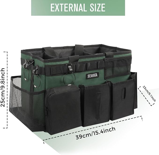 SCAVATA Wearable Cleaning Caddy Bag, Cleaning Caddy Supplies Organizer with Handle & Shoulder Straps for Housekeepers, Under Sink & Car Cleaning Tool Organizers with 4 Foldable Divider (TreeGreen)