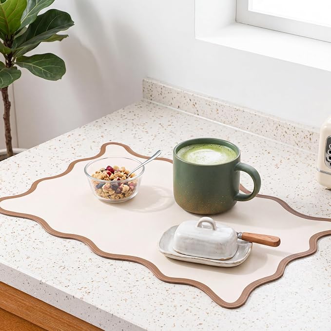 Nuanchu Beige Scalloped Dish Drying Mat for Kitchen Counter, Waterproof Easy Clean Non-slip Coffee Bar Station Accessories, Trendy Cute Aesthetic Modern Drainer Kitchen Drying Mat, 12" x 19"