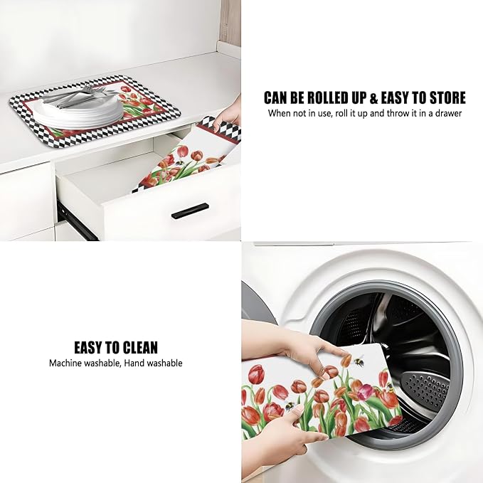 Dish Drying Mat 2-Pack, Tulip For Kitchen Counter Absorbent Dishes | Diatom Mud Mats (18x24, 19.5x12"). Non-slip rubber back for kitchen counter, coffee bar & sink scenes