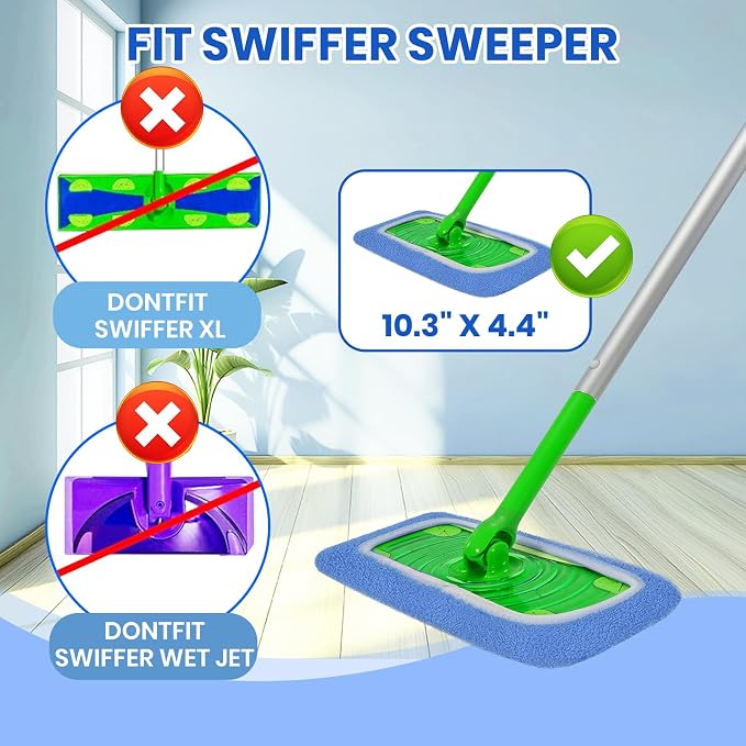 6 Pack Reusable Microfiber Mop Pads - Compatible with Sweeper, Reusable Mop Pads, Washable Dry Cloths & Wet Pads Refill for Hardwood Laminate Tile Floor Cleaning (6, Blue, M)