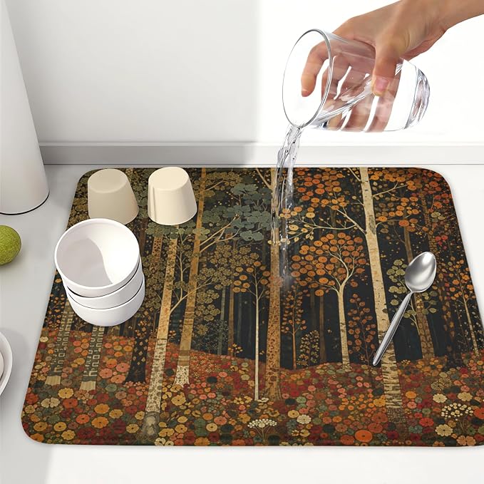 Fall Dish Drying Mat for Kitchen Counter Autumn Forest Vintage Botanical Nature Microfiber Dish Drainer Mat Antique Rustic Farmhouse Absorbent Washable Drying Pad 16"x18"