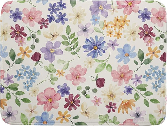 Floral Dish Drying Mat for Kitchen Counter 18x24, Spring Decorative Absorbent Reversible Microfiber Kitchen Countertop Protector Dishes Drainer Pad, Colorful Cute Flower