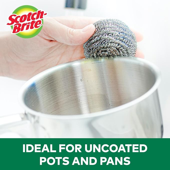 Scotch-Brite Stainless Steel Scrubbers,Scouring Pads for Cleaning Tough Baked-On Messes,Metal Scrubbers for Cleaning Dishes,3 Scrub Pads,(Pack of 8)