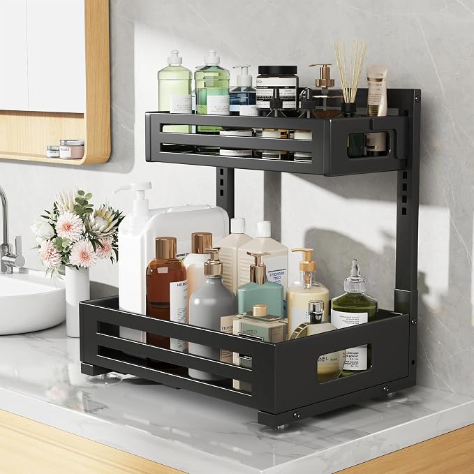 2 Pack Under Sink Organizer,Pull Out Cabinet Organizer with Smooth Cylindrical Rail,Metal Slide Out Drawer for Kitchen Bathroom Laundry Cabinet,8-Level Tool Free Height Adjustable-Black