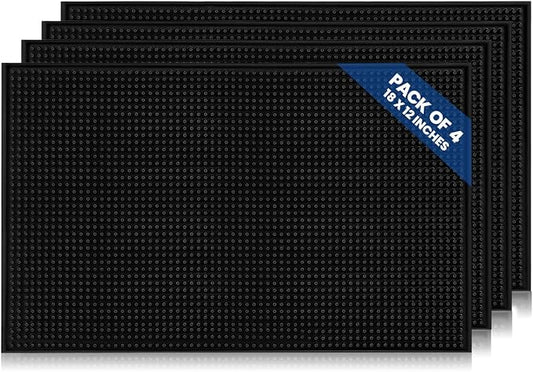 Commercial Standard Bar Mats 4 Pack, 18 x 12 Inch Rubber Non Slip Service Mats for Cocktail Mixing, Coffee Bar Drying, Dish & Countertop Protection for Bars & Cafes (Black)