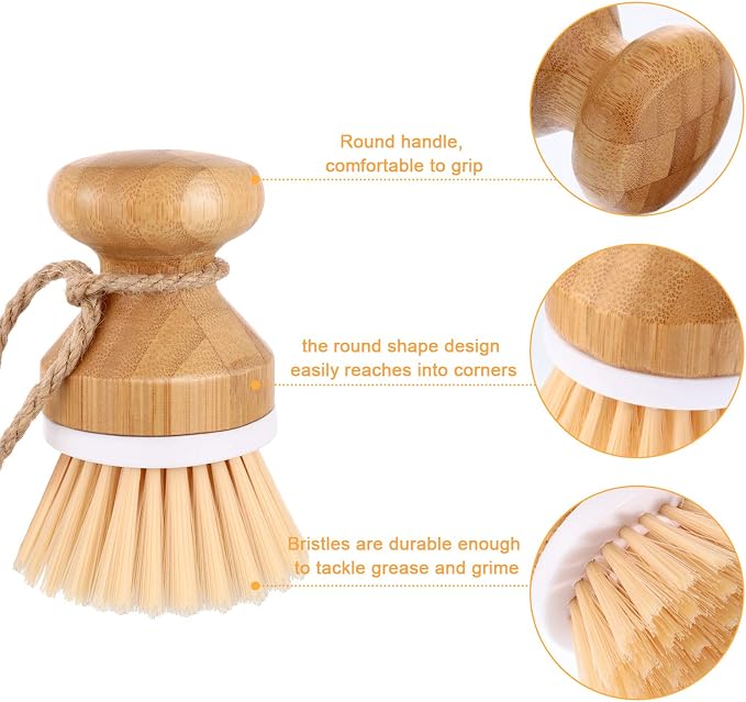Boao 3 Pieces Bamboo Dish Scrub Brush and 1 Holder Natural Wooden Kitchen Cleaning Scrubbers Durable Bamboo Palm Household Pot Scrubber Brush for Dishes Pots Pans Kitchen Sink Cleaning