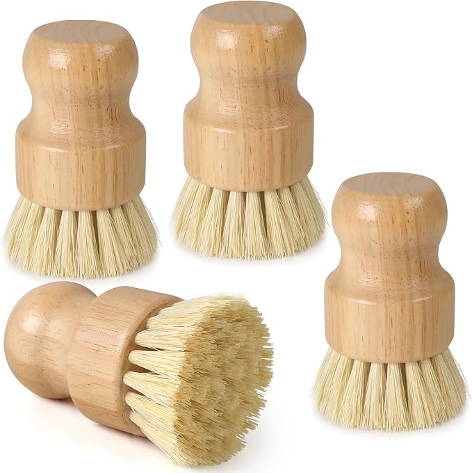4 Pack Bamboo Dish Brush Set, Natural Kitchen Scrub Brush with Sisal Bristles, Wooden Dish Scrubber for Cleaning Dishes, Pots, Vegetables and Sink