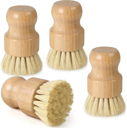 4 Pack Bamboo Dish Brush Set, Natural Kitchen Scrub Brush with Sisal Bristles, Wooden Dish Scrubber for Cleaning Dishes, Pots, Vegetables and Sink