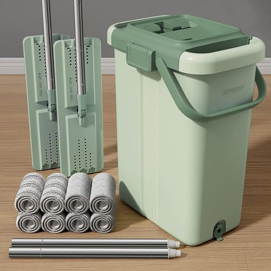 JOYMOOP Flat Mop System, Microfiber Mop and Bucket Set, Green, Household & Commercial Floor Cleaning Mop, Includes 2 Mops and 8 Large Microfiber Pads