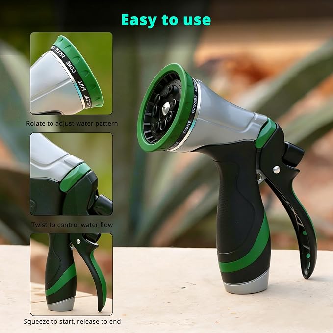 QUOBAS Metal Garden Hose Nozzle, Heavy Duty Water Hose Sprayer, Leak Proof | 10 Pattern Water Nozzle with Rubber Gasket, Garden Sprayer for Watering Plants, Washing Cars, Pet Shower, Green, 2-Pack