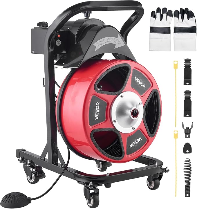 VEVOR Drain Cleaner Machine 50 FT x 1/2 Inch, Manual Feed Sewer Snake Auger on Wheels - with 4 Cutters & Air-activated Foot Switch for 2" to 6" Pipes