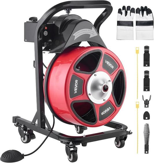 VEVOR Drain Cleaner Machine 50 FT x 1/2 Inch, Manual Feed Sewer Snake Auger on Wheels - with 4 Cutters & Air-activated Foot Switch for 2" to 6" Pipes