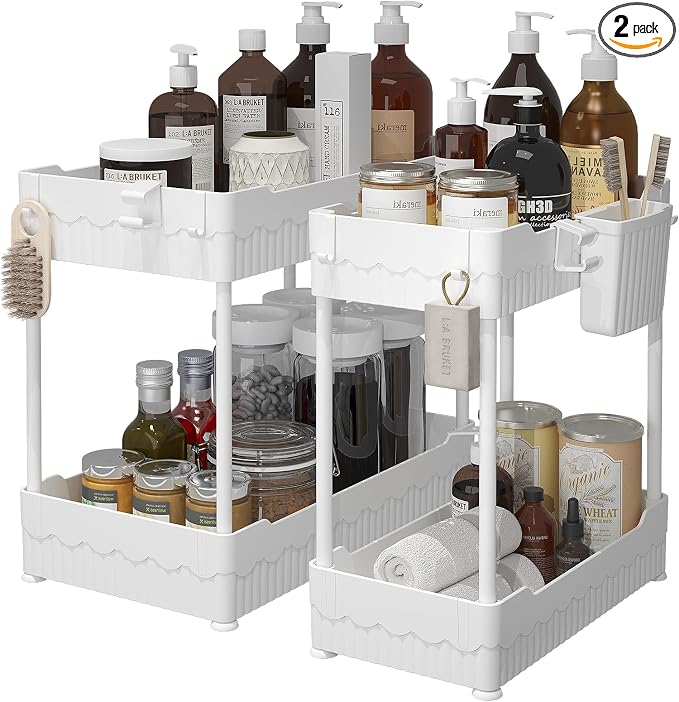 Sevenblue 2 Pack Under Sink Organizer, Under Bathroom Cabinet Organizer with Hooks Hanging Cup, Multi-Purpose Storage Shelf for Kitchen Bathroom (White, 14.8 Inch)