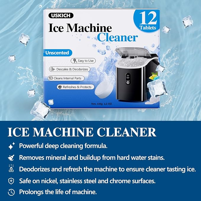 USKICH Ice Machine Cleaner Descaler Tablets-12 Pack Ice Maker Cleaner Compatible with Frigidaire, Opal, GE Profile, Kitchenaid, Nickel Safe Scale Remover for Countertop, Nugget Ice Makers