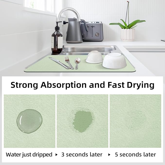 LOPNUR Kitchen Dish Drying Mat, 24"x16" Dish Drying Mats for Kitchen Counter, Diatomite Coffee Mat, Super Absorbent Dish Drying Pad, Heat Resistant Mat with Anti-slip Rubber Backed, Sage Green