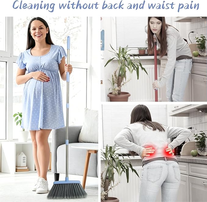 Broom and Dustpan Combo Set, Long Handle and Standing Dust Pan with Comb Teeth, Efficient Floor Cleaning for Kitchen, Outdoor, Dorm, Apartment, Office Lobby (Gray Blue)