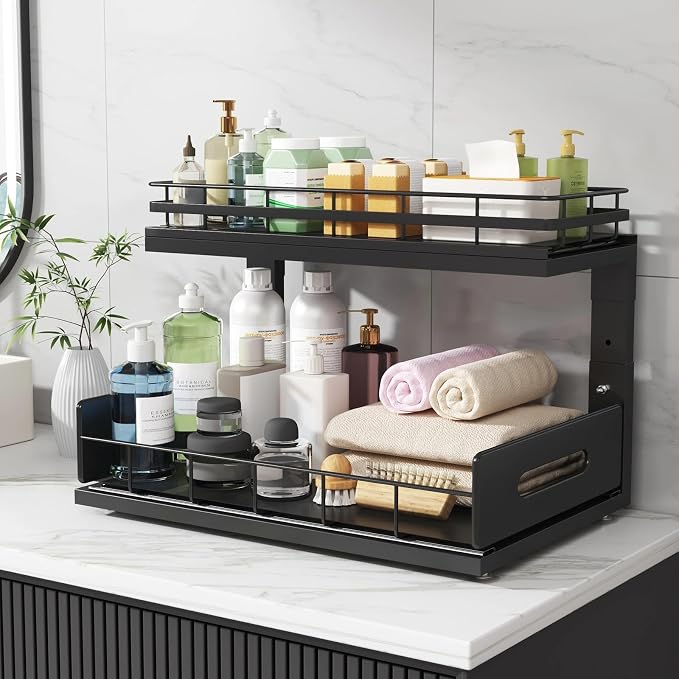 Under Sink Organizer Upgrade To Professional Rails,2-Tier Dual Pull Out Cabinet Storage,Height Adjustable Slide Out Drawers For Bathroom Kitchen,2 Pack-16.7"Dx12.8"-16.9"H,Black