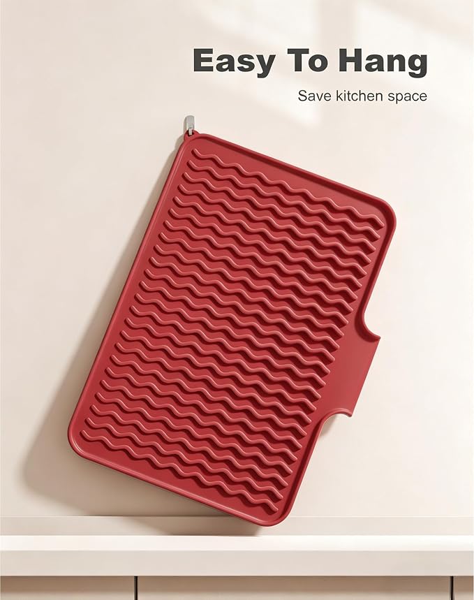 Rnivvi Silicone Dish Drying Mat for Kitchen Counter, 16 x 12" Drainer Pad with Drainage Spout, Non-Slip Countertop Protector Heat Resistant Trivet, Kitchen Decor Mat Sink Drip Pad for Dishes, Red
