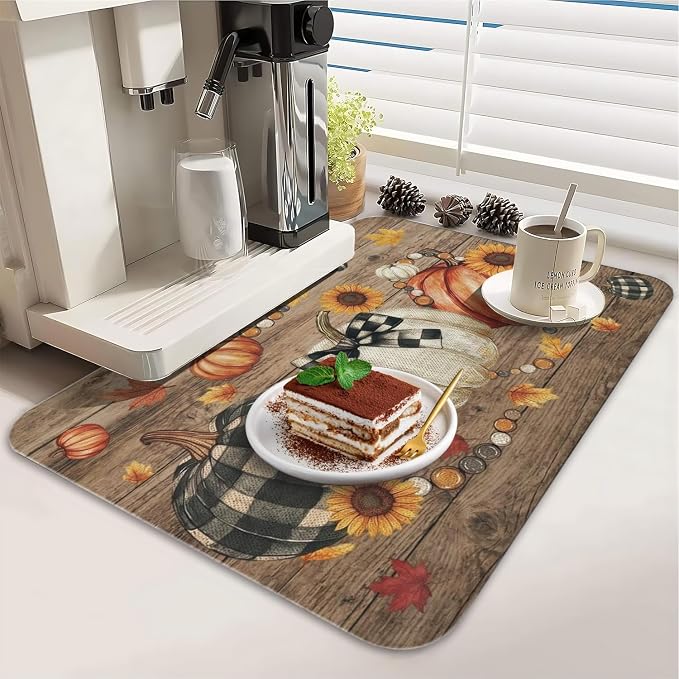 Fall Dish Drying Mat 2-Pack Plaid Pumpkin for Kitchen Counter Dishes Mat | Diatom Mud Mats (18x24, 19.5x12"). Non-slip rubber back for kitchen counter, coffee bar & sink scenes