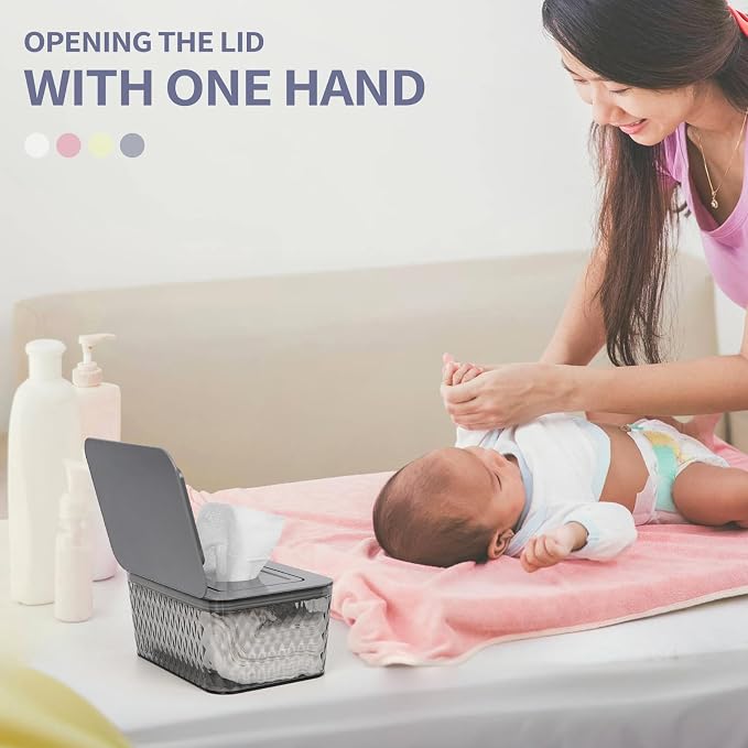 Wipes Dispenser, One-Handed Operation Wipe Holder for Baby & Adult, Seal-Designed Wipes Container for Bathroom Keep Diaper Wipes Fresh (Grey)