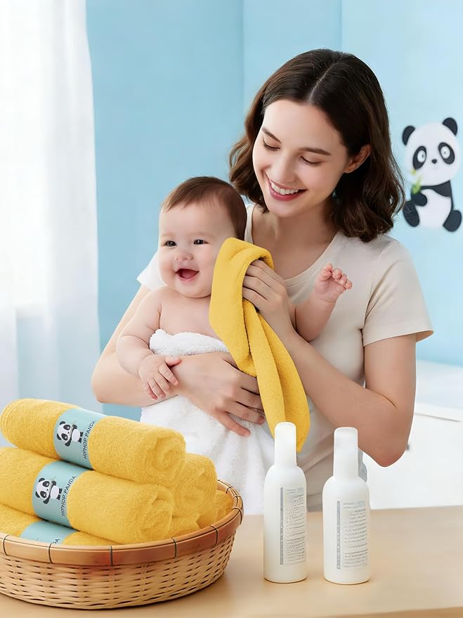 HIPHOP PANDA Baby Washcloths, Rayon Made from Bamboo - 2 Layer Ultra Soft Absorbent Newborn Bath Face Towel - Reusable Baby Wipes for Delicate Skin - Honey, 6 Pack