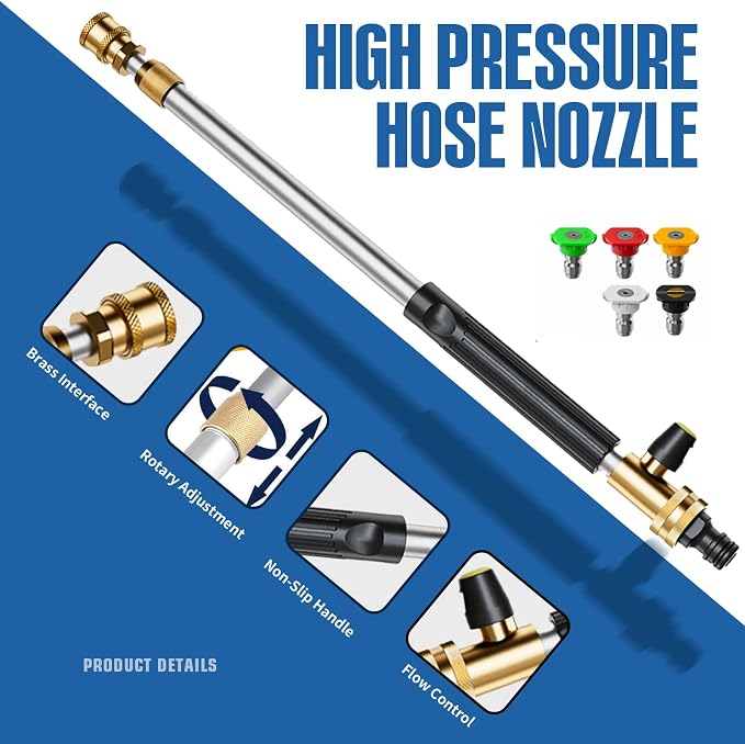 Telescopic Garden Hose Wand with 5 Tips, Holder & Quick Connectors | Extendable wand,5 spray tips,Sturdy holder,Quick-connect fitting,Rust-proof,Non-slip grip,for Cars,Patio,Garden,Porch
