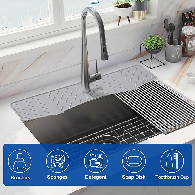Faucet Mat for Kitchen Sink – 24” x 5.1” Extra-Long Silicone Splash Guard with 10° Slope & Upgraded Drainage – Gen 3 Sink Water Catcher & Sponge Holder for Kitchen, Bathroom (Gray)
