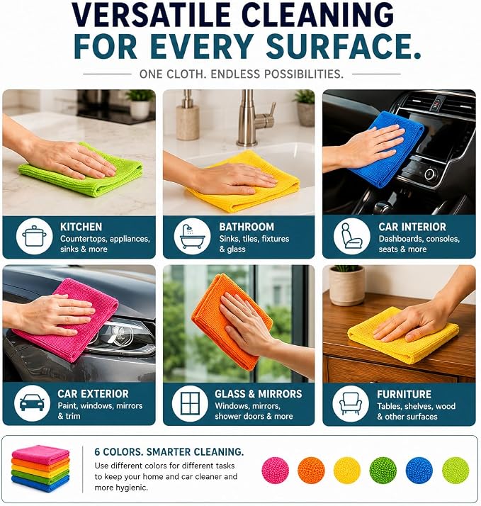 Handy Housewares Multicolor Microfiber Cleaning Cloths Set of 6 | 12" x 14" Each, Streak-Free Clean, Washable & Reusable, Multi-Purpose Use, No Lint or Residue