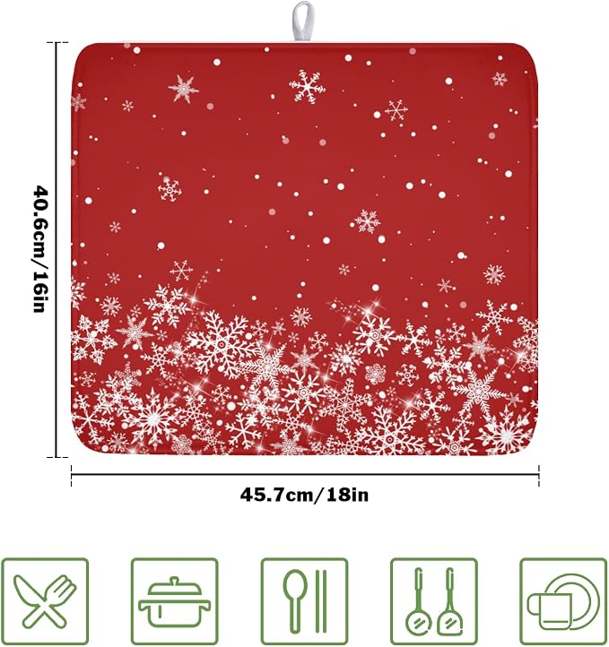 Christmas Dish Drying Mat for Kitchen Counter 16 x 18 Inch Xmas Snowflake Dish Drainer Mat Absorbent Microfiber Red Dish Rack Pad for Holiday Winter Coffee Dining Bar Decor