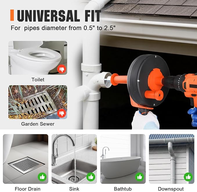 Drain Auger 25 Ft,Plumbing Snake With Drill Adapter,Pipe Clog Remover for Kitchen Bathroom Shower Sink Cleaning,Flexible Spring Steel