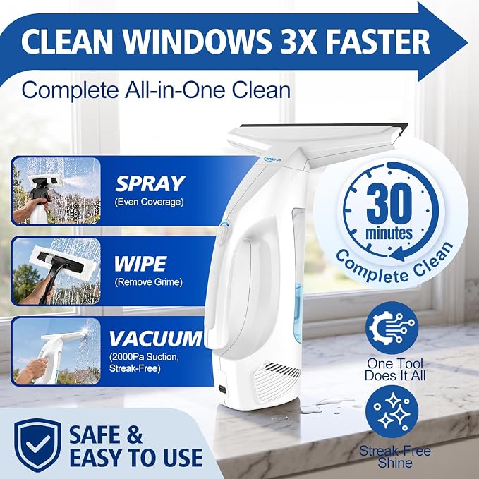 Window Vacuum Squeegee Cordless,Electric Window Cleaner with Extension Pole | Streak-Free Glass Cleaner for Shower Doors,Windows,Mirrors,Tiles,2000Pa Suction,2200mAh Battery,150ml Tank,2 Squeegee Blades.
