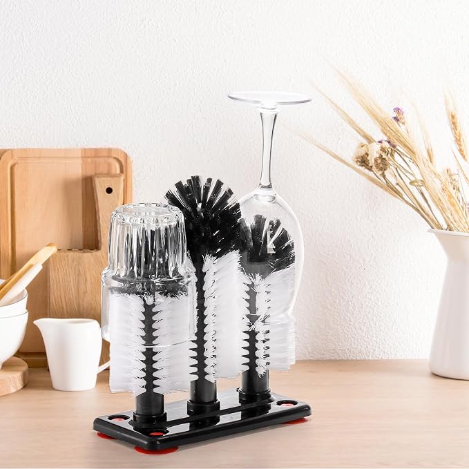 Yesland Water Bottle Cleaning Brush with Suction Base, 3 Head Removable Nylon Bristle Glass Cup Washer Brush Cleaner for Long Leg Cup, Beer Cup, Red Wine Glass, Bar, Kitchen, Sink, Home Tools