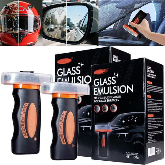 【2PCS】 Glass Emulsion Cleaner, Car Windshield Cleaner Tool Roll-On Glass Compound with Cleaning Board, Removes Oil Film & Smudges, Improve Windshield Clarity for Safe Driving (100ml+Brush)*2