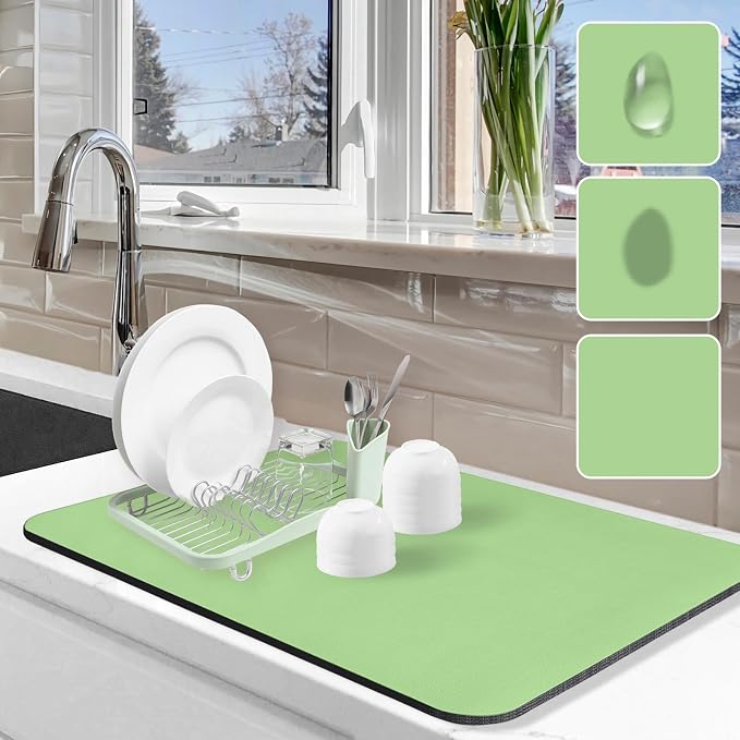 Dish Drying Mat for Kitchen Counter, 12"x19" Dish Drying Pad with Non-slip Rubber Backed, Hide Stain Anti Absorbent for Kitchen Counter, Drying Mat for Coffee Machine Dish Rack (Green)