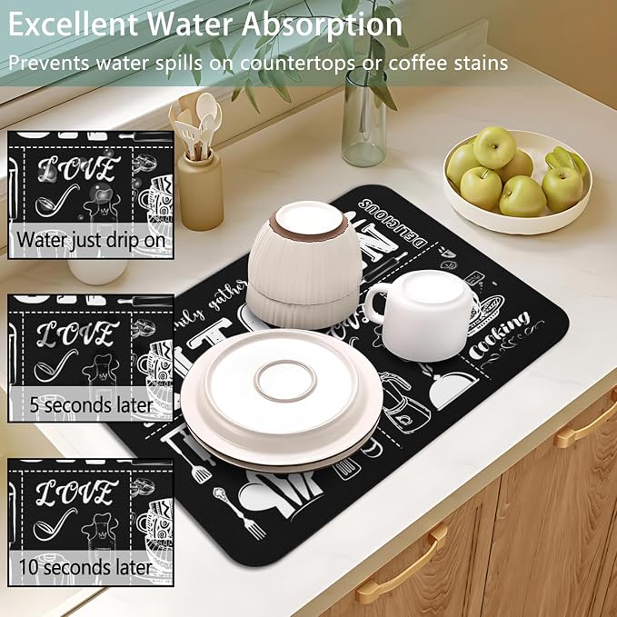 Dish Drying Mat 2-Pack in Chalkboard Kitchen for Kitchen Counter Dishes | Diatom Mud Mats (18x24, 19.5x12"). Non-slip rubber back for kitchen counter, coffee bar & sink scenes