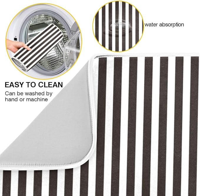 Black Striped White Dish Drying Mat for Kitchen, Absorbent Microfiber Drying Pad Dish Mat, 24" X 18"