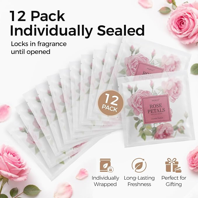 12 Pack Rose Scented Sachets, Air Freshener for Home & Small Spaces | Hanging Sachet Bags with Retractable Hook; Closet Deodorizer & Odor Eliminator for Drawers, Shoe Cabinets, Cars & Luggage