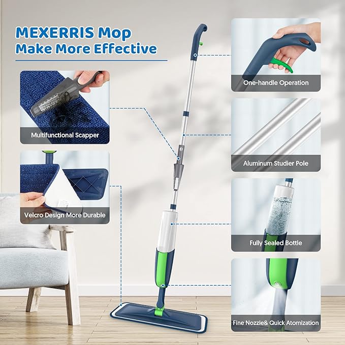Spray Wet Mops for Floor Cleaning: Floor Mop with 2 Refillable Bottles | 5 Washable Pads for Swiffer Powermop, 360° Rotating Head, Commercial Dust Mop, for Hardwood Laminate Vinyl Wood Tiles Ceramic