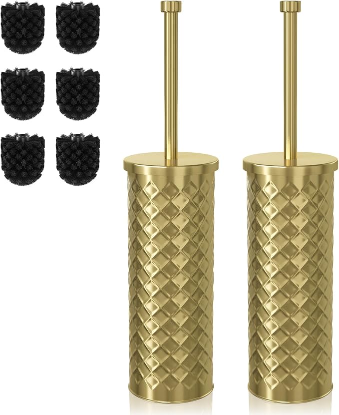 Toilet Bowl Brush and Holder Set 2 Pack with 4 Extra Brush Heads | Extra Long Handle with Splash Guard Cover, Tool-Free Installation, Bathroom Space-Saving, Cleaner Sets for Apartments, RV (Gold)