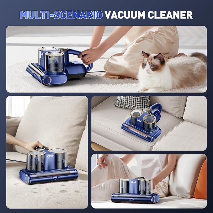 CFBF Mattress Bed Vacuum Cleaner with 16Kpa Suction & 253.7nm UV-C Light | Ultrasonic & High Heating, 500W Powerful Double-Cup Handheld Vacuums for Bed, Sofa, Couch, Crib, 16.4FT Corded
