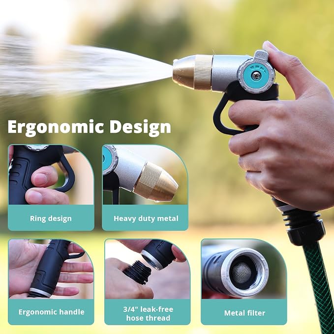 QUOBAS Garden Hose Nozzle Sprayer, Heavy Duty Metal Water Garden Nozzle | Brass Nozzle with Thumb Control, 3 Watering Patterns, Jet Hose Sprayer for Car Wash, Driveway, Patio Cleaning & Garden