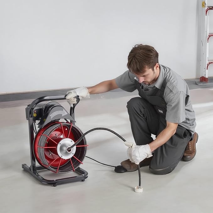 VEVOR Drain Cleaner Machine 75 FT x 3/8 Inch, Sewer Snake Auger Manual Feed with 4 Cutters & Air-activated Foot Switch for 2" to 4" Pipes