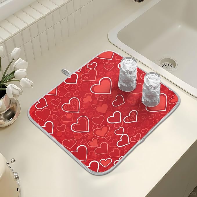 Red Hearts Cute Dish Drying Mat for Kitchen Counter Absorbent Microfiber Large Drying Pad Dish Mats for Kitchen Countertops 18 x 24 Inch