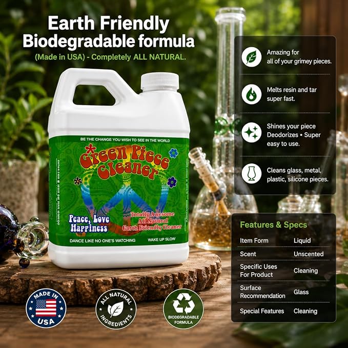 Green Piece® Cleaner – Made in USA - Great on Glass - Cleans tar and resin – 64 Oz (Half Gallon)