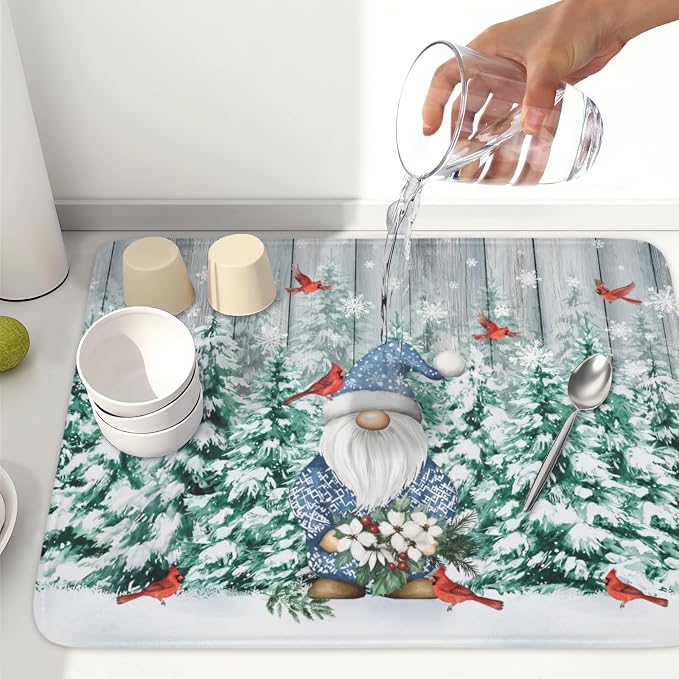 Giwawa Winter Gnome Dish Drying Mat Pine Tree Dishes Pad 18"x24" Microfiber Absorbent Fast Dry Drainer Rack Mats Protector for Kitchen Countertop