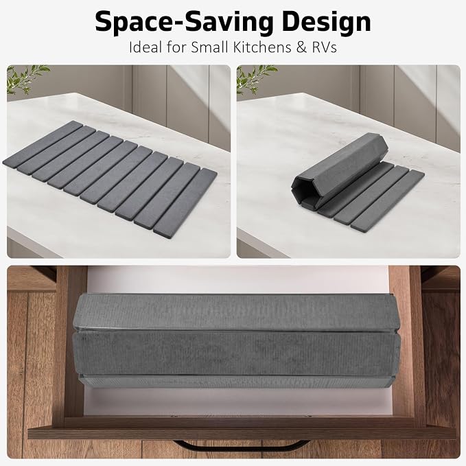 2 PCS Large Stone Dish Drying Mat for Kitchen Counter, 24"×16" Dish Drying Mat with 8"x 4" Coasters, Non - Slip Collapsible Absorbent Mat for Multi - Purpose, Match Any Countertop【Gray】