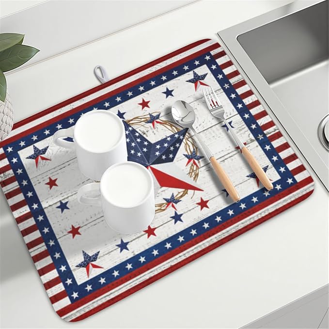 4th of July Patriotic Dish Drying Mat for Kitchen Counter Vintage Red and Blue Star Microfiber Dish Drainer Mat Country Absorbent Washable Drying Pad Extra Large 18"x24"